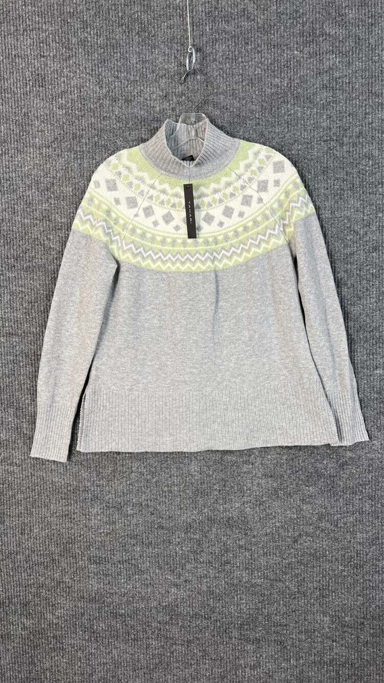 Tahari Sweater Womens Medium Gray Fair Isle Mock Neck Pullover Cozy Knit Preppy